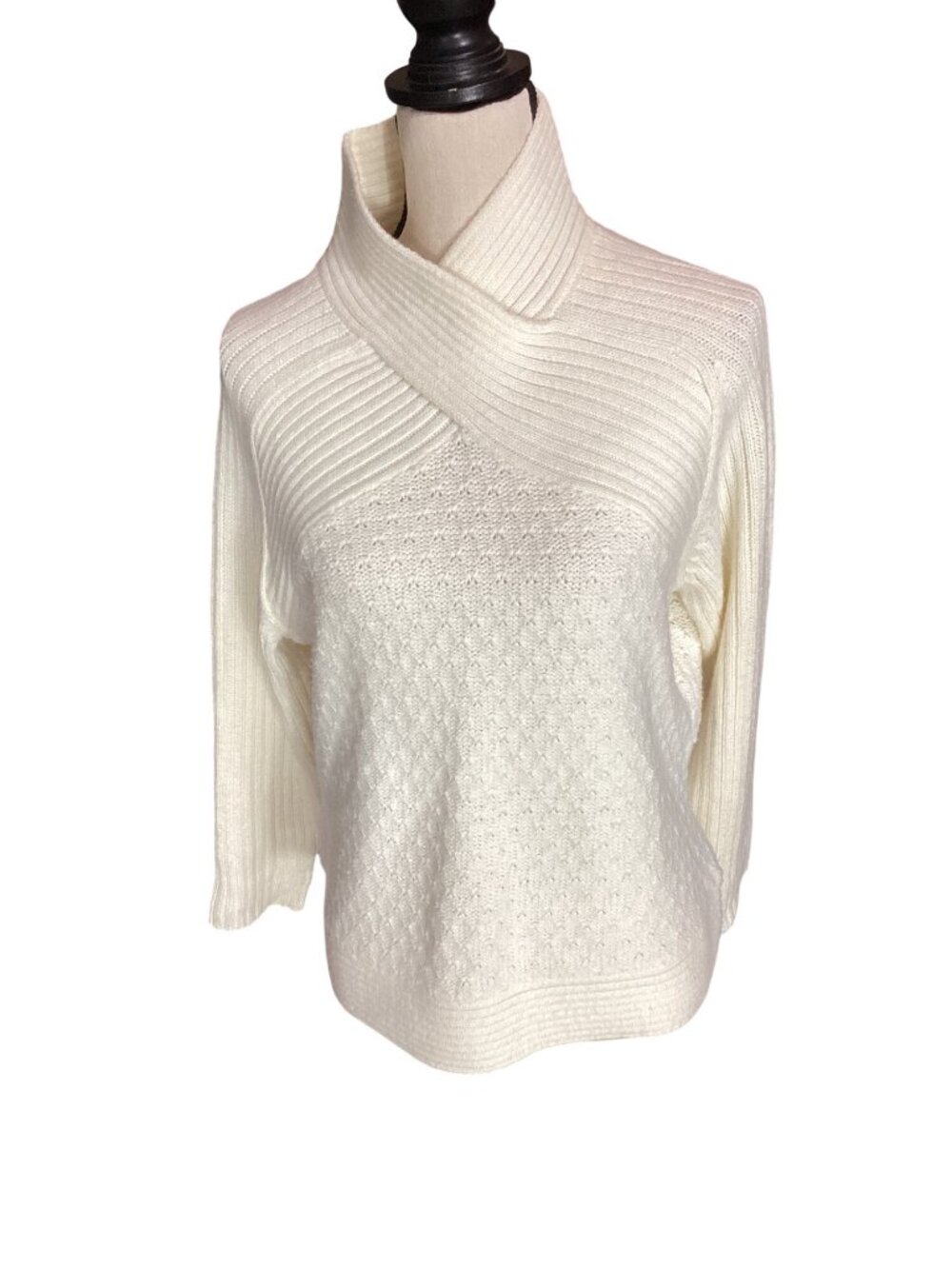 Relativity Cream Ribbed Knit Crossover Cowl Neck Sweater*Textured Detail*XL*EUC